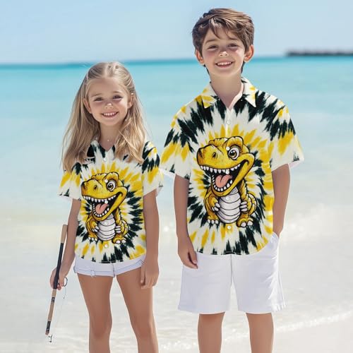 Image of Kids Tie-dye Hawaiian Shirt 80s Button Down Retro Short Sleeve Casual Beach Tropical Funny Party Outfits for Boys