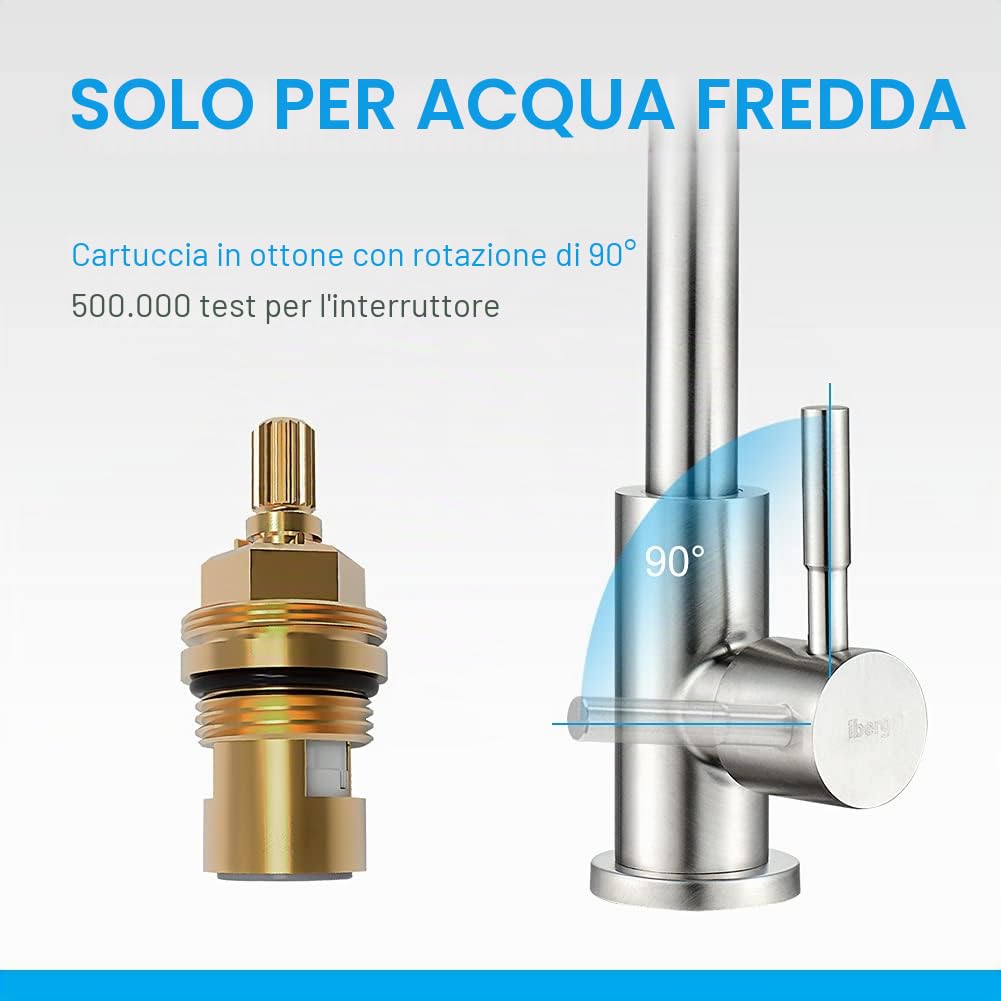 Ibergrif Rubinetto Acqua Fredda Cucina, Rubinetto Solo Acqua Fredda 360° Girevole, Miscelatore Cucina Acciaio Inox con Flessibili 50cm, Rubinetto Lavabo per Cucina, Lavatoio & Esterno-M18703