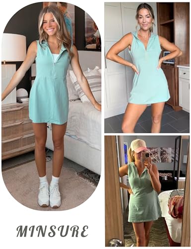 Women Athletic Tennis Dress Sleeveless Half Zip Hooded Workout Mini Dress with Shorts2