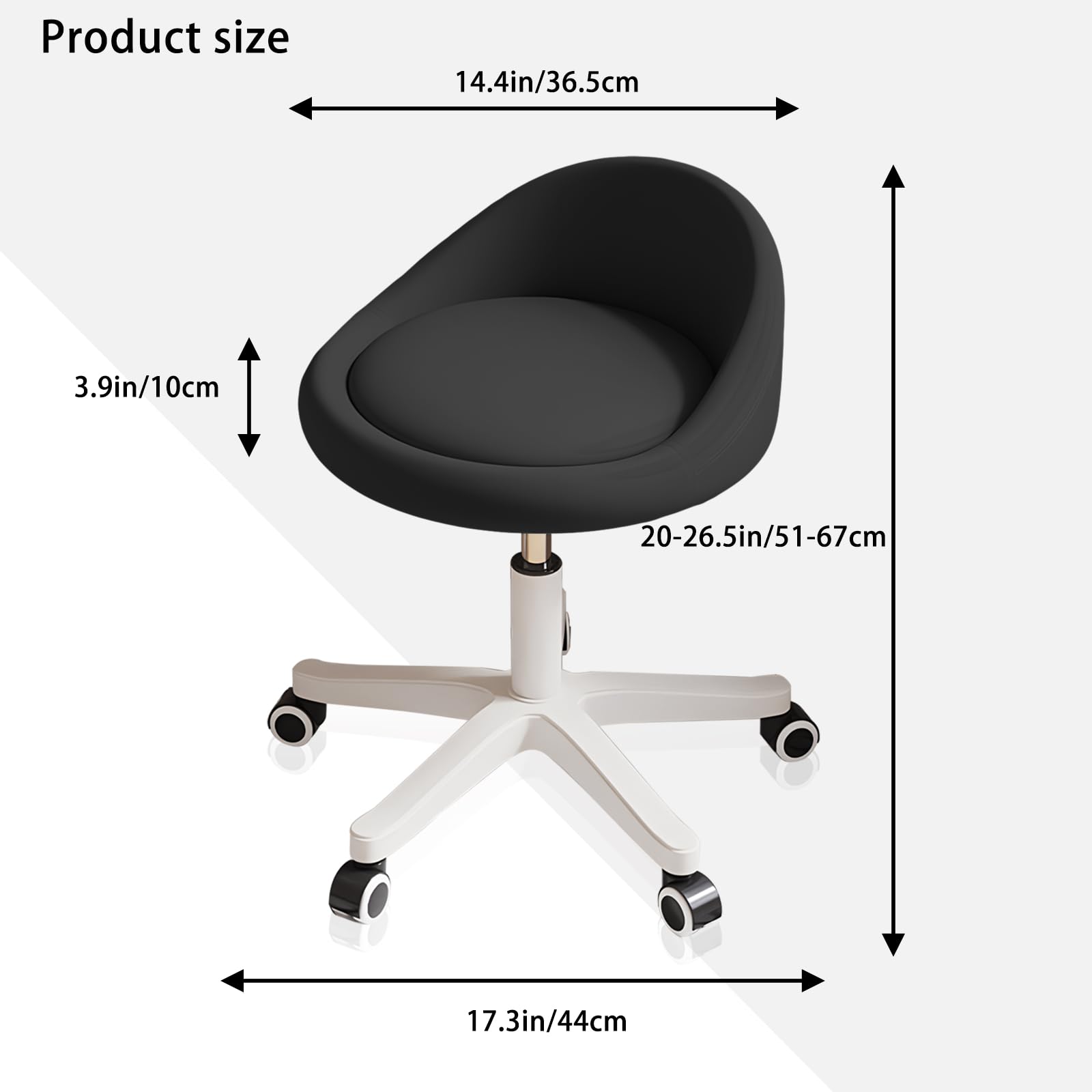 Rolling Stool with Adjustable Height, 360° Swivel and Padded PU Leather Seat