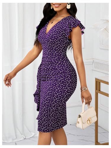Milumia Women's Heart Polka Dots Ruffle Cap Sleeve Dress Elegant Warp V Neck Pencil Dresses2