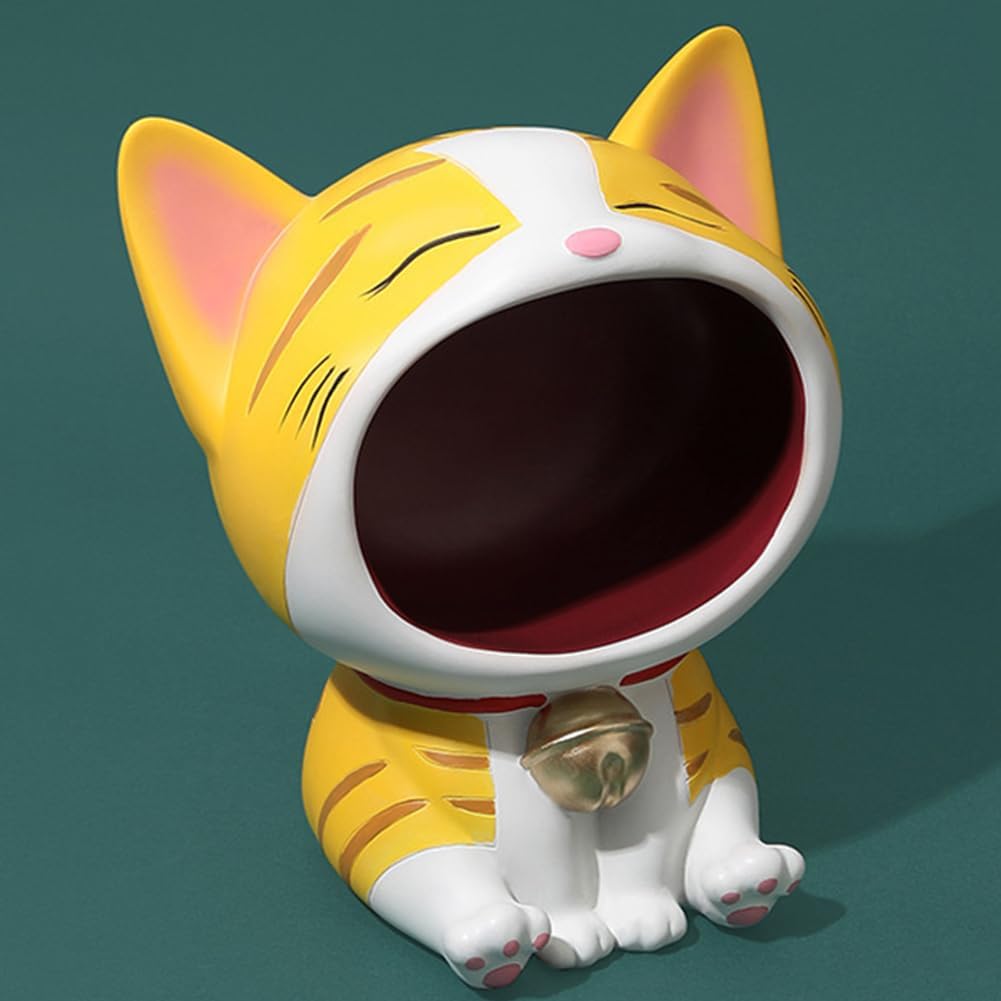 Key Bowl for Entryway Table, Lucky Cat Statue Candy Dish for Office Desk Art Home Decor (D - Yellow)
