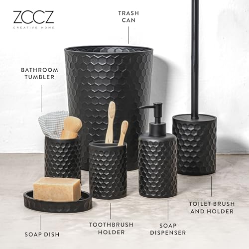 zccz Bathroom Accessory Set, 6 Piece Black Bathroom Accessories Set with Trash Can, Toothbrush Holder, Toothbrush Cup, Soap Dispenser, Soap Dish, Toilet Brush with Holder, Trash Can, Black - Image 5