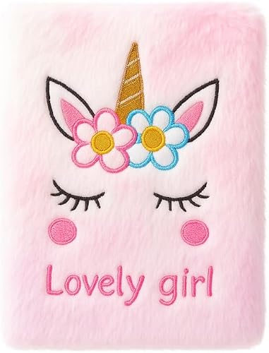 Unicorn Plush Style Notebook Cream Pink Color– Soft Furry Journal with Embroidered Cover, Lovely Girl Diary for Kids and Teens, Gift for Girls