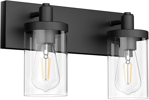 Miniatura 10 de Aipsun Lámpara de tocador negra para baño, 3 luces, estilo granja, para baño, sobre espejo con pantalla de vidrio transparente (no incluye bombilla)