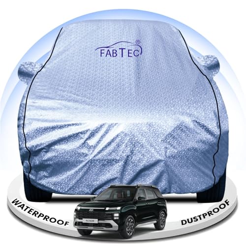Image of FABTEC Metallic Silver Waterproof Car Body Cover for Hyundai Exter Sun, UV and Dust Protection with Mirror Pocket (Reflective Silver with Black Piping)