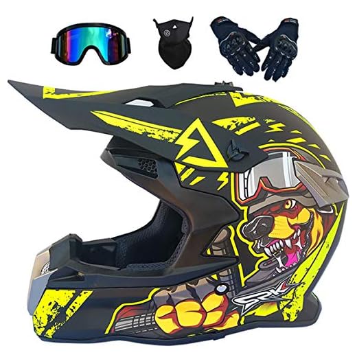 LCRAKON Barn motorcykel hjälmar MJH-02 motocrosshjälm helface off road elektrisk dirtbike Atv Quad Bike MX 50cc mini Moto krockhjälm för barn vuxna med glasögon handskar mask - gul hund