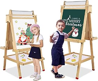 Kids Easel Wooden Art Easel Double-Sided Standing Easel Height Adjustable Painting Drawing Board Chalkboard Blackboard & Whiteboard with Paper Roll Magnetic Letters Numbers and Other Accessories