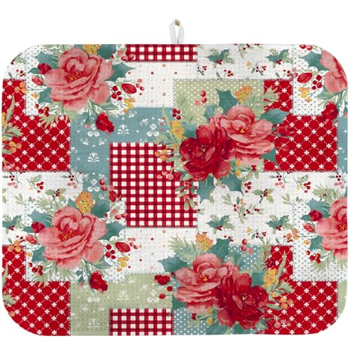 Dish Drying Mat for Kitchen Counter 18x24 Inch, Super Absorbent Dish Drainer Mat, Decorative Microfiber Dishes Drying Pad-Large(Red Flower)
