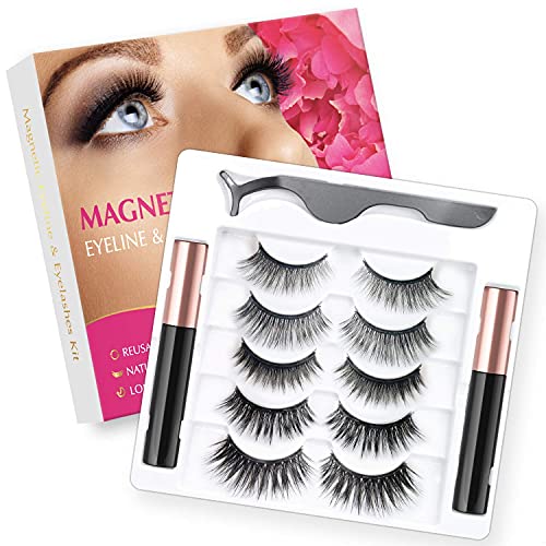 Rossy Magnetic Eyelash and Eyeliner Kit 5 Pairs 3D 5D Magnetic Eyelashes with 2 Special Magnetic Eyeliners and 1 Tweezer, Easy to Apply with Natural Look