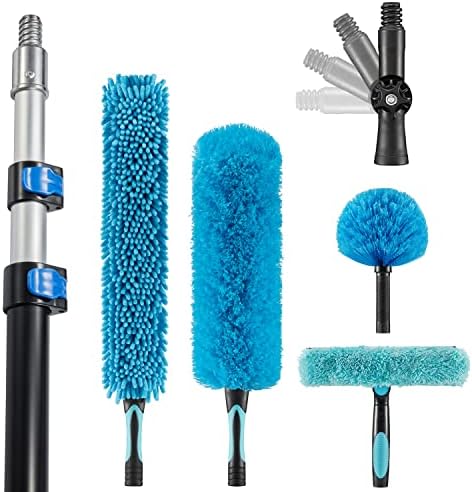 Hicavar 20 Foot High Ceiling Fan Duster with 5-12 Foot Extension Pole, Extendable Reusable Cobweb, Feather, Window Cleaning Squeegee Kit