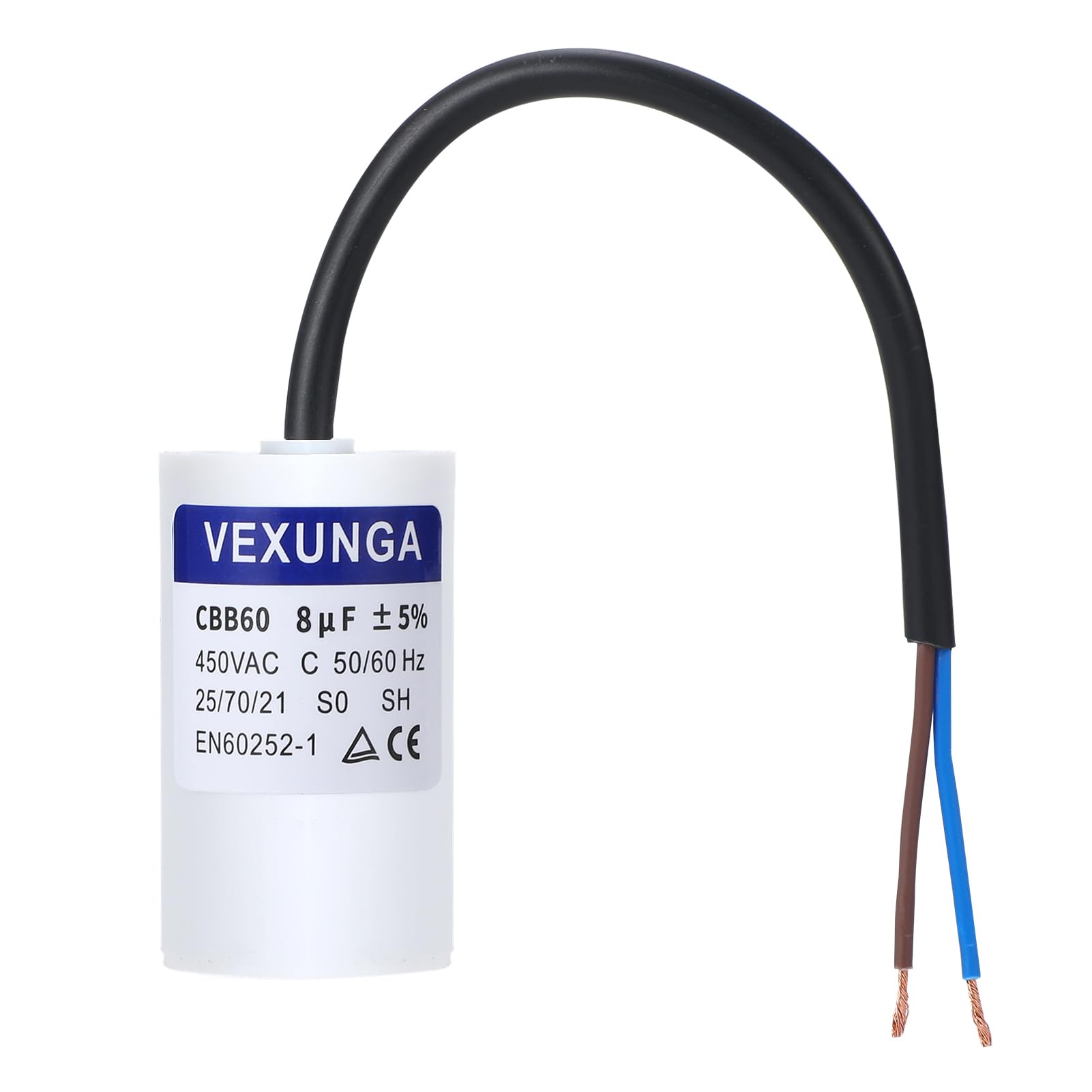 VEXUNGA Kondensator CBB60 8µF 450V Kondensator rozruchowy 8uF Kondensators silnika AC CBB60 SH 8 MFD 450VAC Kondensatory 35x68MM 50/60Hz z kablem