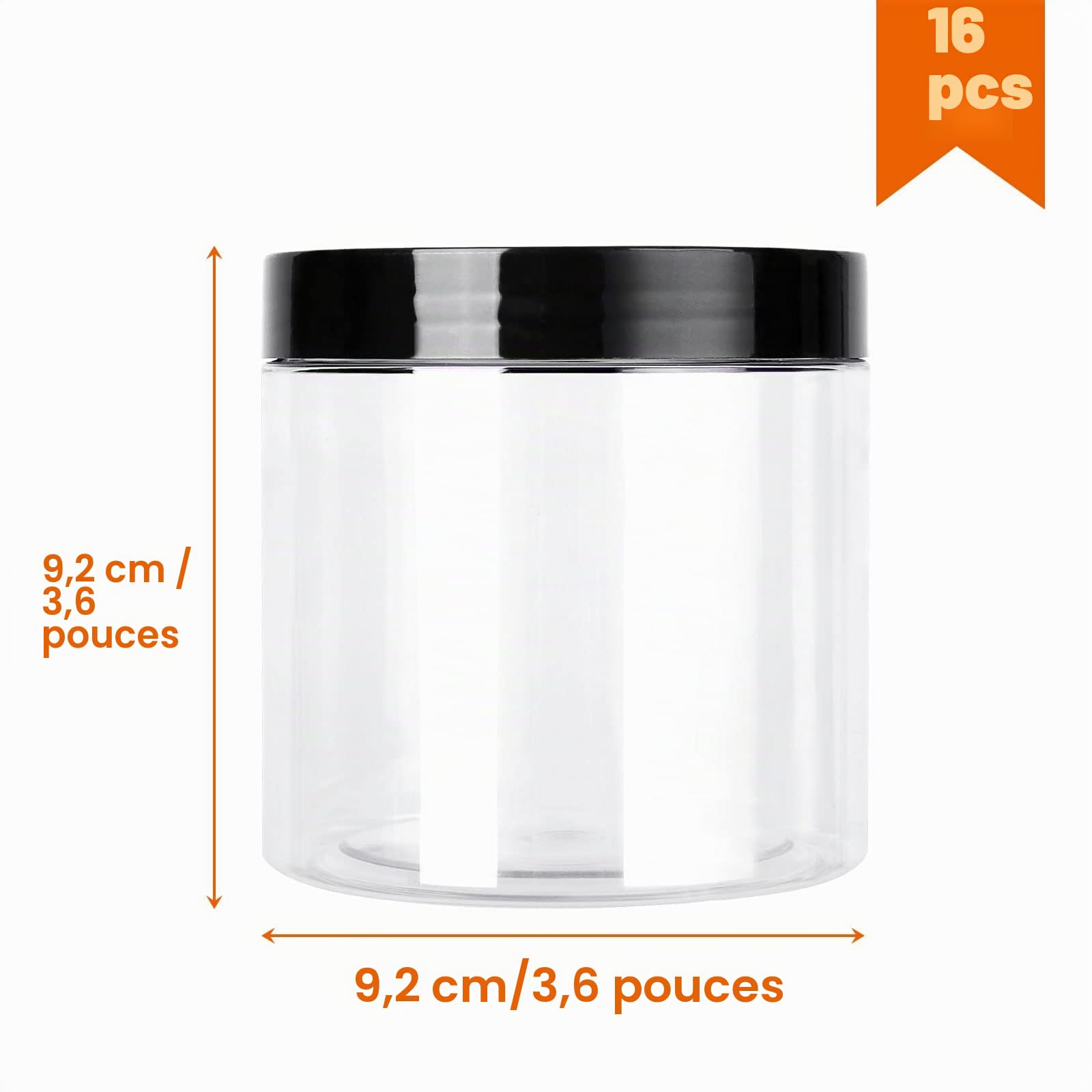 Lot de 16 bocaux de conservation en plastique avec couvercles, transparents, ronds, 500 ml, avec couvercle noir, hermétique, à visser, pour cuisine, garde-manger, bonbons, épices
