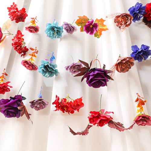 Image of Suncalla 2 Pcs 6.6 ft Artificial Flower Garland Floral Backdrop Arch Fairy Flower Hanging Ceiling Colorful Garland for Wedding Bridal Shower Baby Shower Tea Birthday Backdrop Wall Decor(Dark Color)