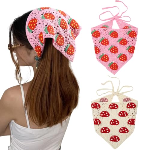 AWAYTR Crochet Bandana Head Kerchief Hair Scarf 2Pcs Knitted Scarves Tie Bcak Floral Headwrap for Women Girls