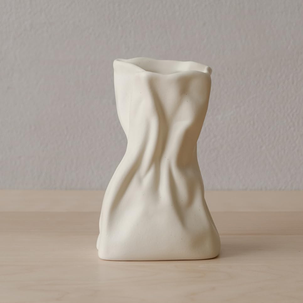 Grab Paper Bag Ceramic Vase, Crinkle Paper Bag Design for Flower Arrangement, Living Room, Dinner Table Decoration Matte Crème