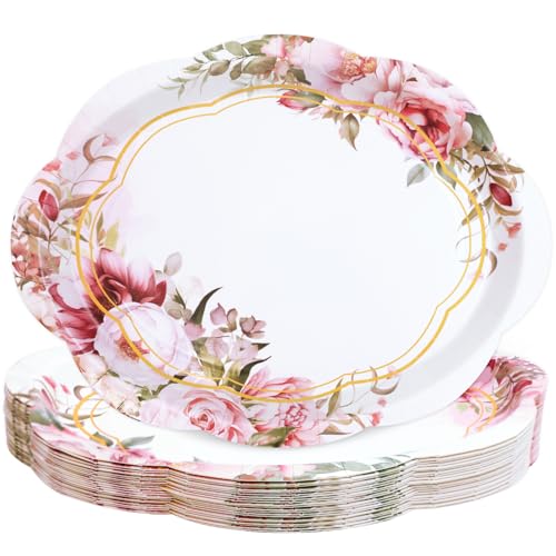 Fancy Land 24 Pcs Floral Oval Paper Plates 10 x 12 Inches Disposable Dinner Platters Heavy Duty Dinnerware Bulk Tea Party Wedding Supplies Decor
