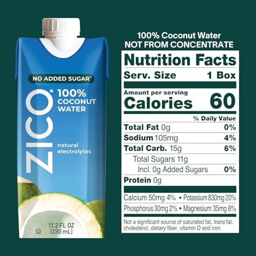 Image of Zico 100% Coconut Water, No added Sugar, Refreshingly Delicious, Hydration with Electrolytes, 11.2 Fl Oz (Pack of 12) | Natural Electrolyte Hydration, No Added Sugar, Single Ingredient, Refreshing Sports Drink Alternative