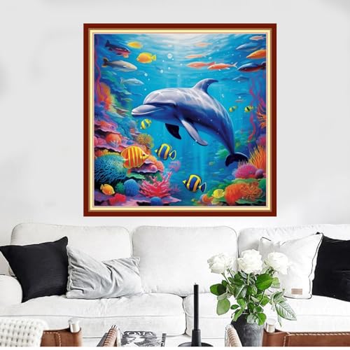 Image of Funxvoot Stamped Cross Stitch Kits Beginners Full Range of Embroidery Kits for Adults 11CT Embroidery Patterns Needlepoint Kits Printed Cross Stitch Kits -(Dolphin Underwater World 18x18 inchs)