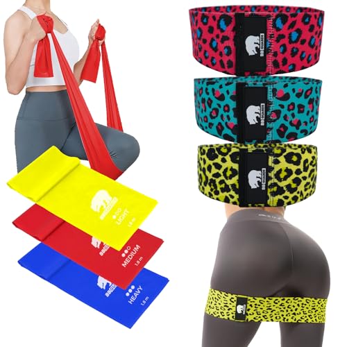 Kit de 3 Bandes élastiques de Musculation et 3 Bandes de résistance (180cm) pour Fitness à la Maison. Équipement idéal pour Gym, Pilates, Yoga. Bandes élastiques pour Fitness (Tissu + Latex)