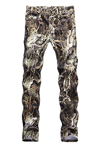 Men's Straight Slim Fit Snake Skin Printed Jeans Skinny Denim Pants