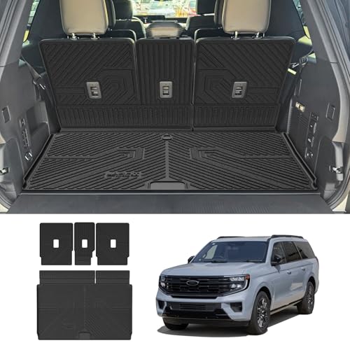 Image of LASFIT Floor Mat with Ford Expedition Max 7&8 Seats 2025 2026 2027 | Backrest Mat fit Lincoln Navigator,Costom Fit All Weather Protection TPE Easy Clean Cargo Liners,4pcs,Black