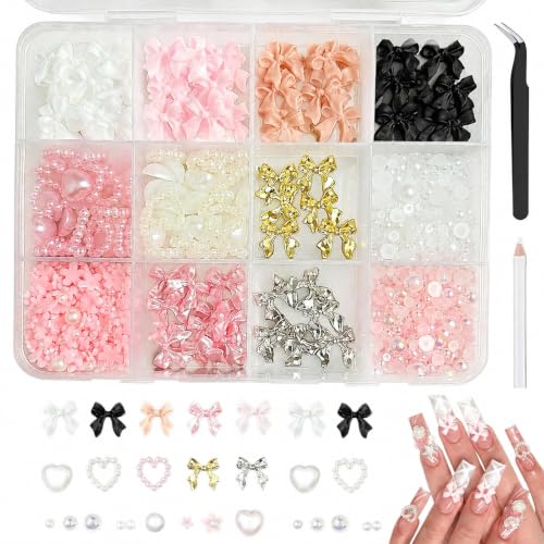 BIVYAX Set Charms Uñas 12 Compartimentos, 3D Moño de Resina+Perlas/Corazón/Flor, con Lápiz de Cera & Picker de Strass, Accesorios Uñas Decorativas, Diseño de Uñas