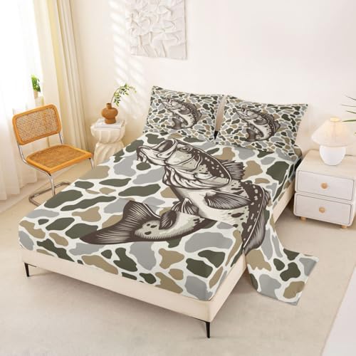 Homemissing Juego de sábanas de camuflaje con diseño de lubina, tamaño individual, para niños y niñas, juego de ropa de cama de camuflaje, caza, pesca, caza y animales occidentales, bolsillos de 40,6