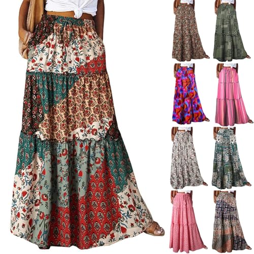 Boho Maxi Skirts for Women Casual High Waisted Tiered A Line Skirt Pleated Ruffle Hem Flowy Long Skirts with Pockets