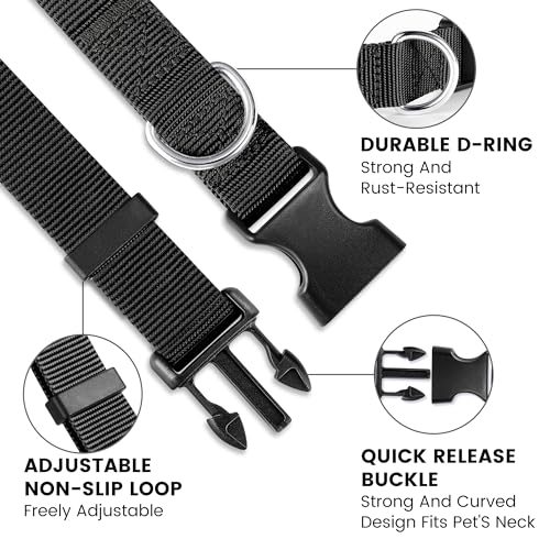 YEHANTI Nylon Hundehalsband mit Personalisiert Hundemarke, Komfortabel und Leise, Lasergraviertes Hundemarke mit Name, Adresse und Telefonnummer (Schwarz)