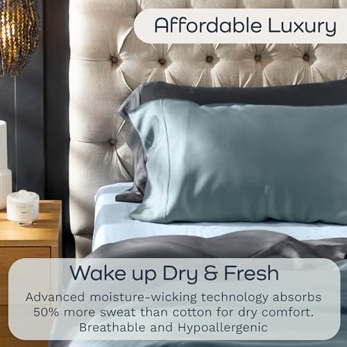 Image of Olive + Crate Tencel Lyocell Eucalyptus Full Sheet Set - Cooling Tencel Sheets for Hot Sleepers with 16 Inch Deep Pocket Fit - Double Bed Sheets - Basalt Blue 4-Piece Set