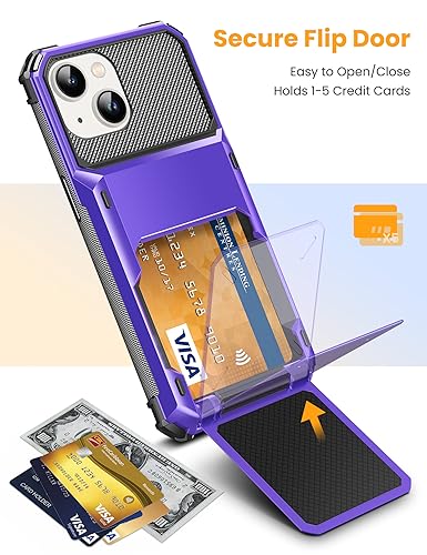 TITACUTE for iPhone 15 Case Wallet 5 Credit Card Holder Flip Cover Design ID Slot Back Pocket Dual Layer Armor Scratch Resistant Hard Shell Hybrid Protective Bumper for iPhone 15 6.1 Purple