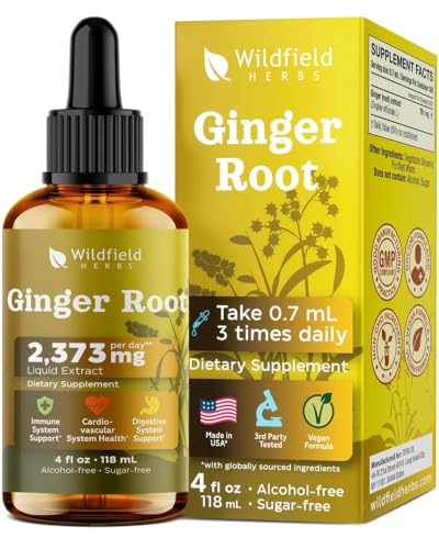 WILDFIELD HERBS 4 Oz Ginger Root Extract Liquid Drops - Stomach & Digestive Support | 2 Month Supply | - Made in USA - Ginger Root Supplement - Alcohol & Sugar Free