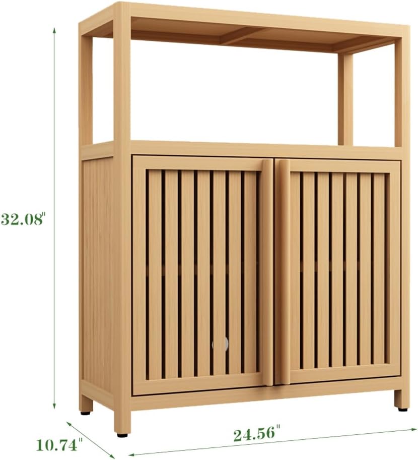 Ball & Cast Bamboo Storage-Cabinet, Bathroom Freestanding Cabinet with 2 Slat Doors,Multi-Purpose Bamboo-Floor Organizer for Entryway Living Kitchen Entryway, Natural