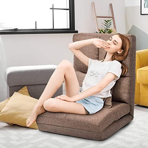 COSTWAY Folding Sofa Bed, 6 Positions Adjustable Floor Lazy Sofa Chair with Pillow, Home Office Living Room Bedroom Single Lounger Sleeper Reclining Seat (Coffee)