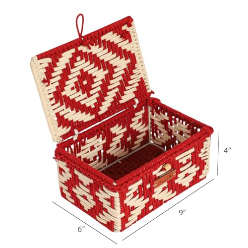 Image of Kaahira Handmade Decorative Storage Box and Organiser | Macrame Gift Hamper Box for Cosmetics, Toiletries & Return Gifts | Aesthetic Rope Woven Organizer (Red and White, Small - 9x6x4 inches)