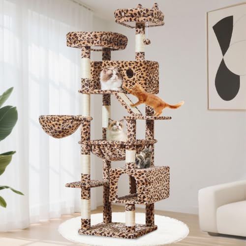 Taoqimiao 180CM Kratzbaum Groß, Katzenbaum Katzen Kratzbaum Grosse Katzen Stabil mit 2 Katzenhaus, Metallhängematte, Korb, 8 Kratzsäulen, Katzenkratztafel, MS026LBW Leopardenmuster