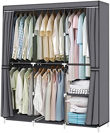 HESMENO Portable Wardrobe Portable Closet for Hanging Clothes Closet with Five Hanging Rods Non-woven Fabric Cover Grey
