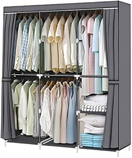 HESMENO Portable Wardrobe Portable Closet for Hanging Clothes Closet with Five Hanging Rods Non-woven Fabric Cover Grey