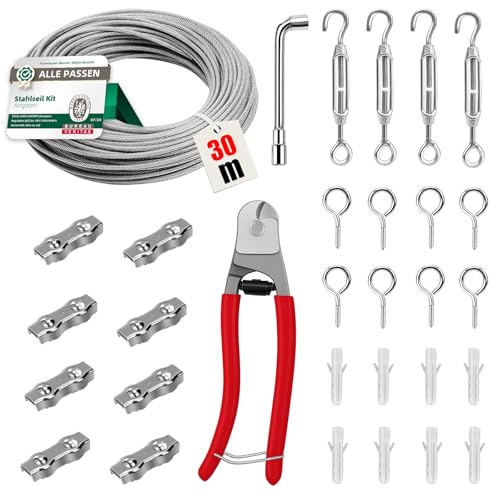 Angooni 31 pcs Stahlseil Kit 30 m Edelstahl Drahtseil 4 mm Spanndraht Seilspanner 304 Edelstahl Kit Stahlseil Ummantelt mit ösen Rankhilfen für Kletterpflanzen Wäscheleine Lichter Hängen