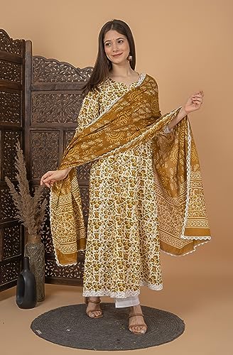 Meera Fab Women's Cotton Printed Blue Anarkali Kurta With Palazzo & Dupatta