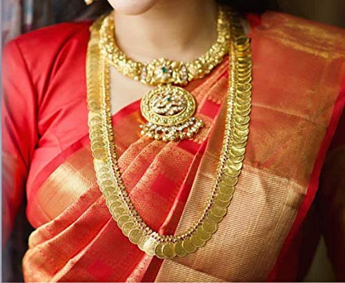 Image of VAMA FASHIONS Traditional South Indian Goddess Laxmi Haar Temple Jewellery Mahalakshmi kasulaperu Lakshmi Necklace Set for Women
