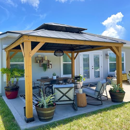 SUNJOY 11 x 13 ft. Wood Gazebo Cedar Framed Gaezbos with Black Double Steel...