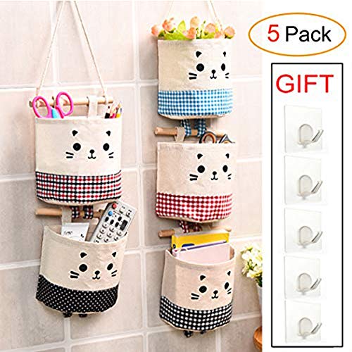 Tinyuet 5 Pezzi Borsa Portaoggetti da Parete, Tasche Portaoggetti Lino Cotone da Appendere con, Organizzatore da Appendere per Casa e Ufficio