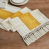 ZeeMart Macrame Style Bicolor Stitching Table Runner, 14 x 36 Inch Mustard/Ivory, Boho Yellow Table Runners 36 Inches Long, Farmhouse Woven Home Decor