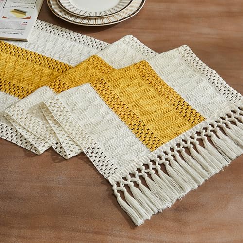 Image of ZeeMart Macrame Style Bicolor Stitching Table Runner, 14 x 60 Inch Mustard /Ivory, Boho Yellow Table Runners 60 Inches Long, Farmhouse Woven Home Decor