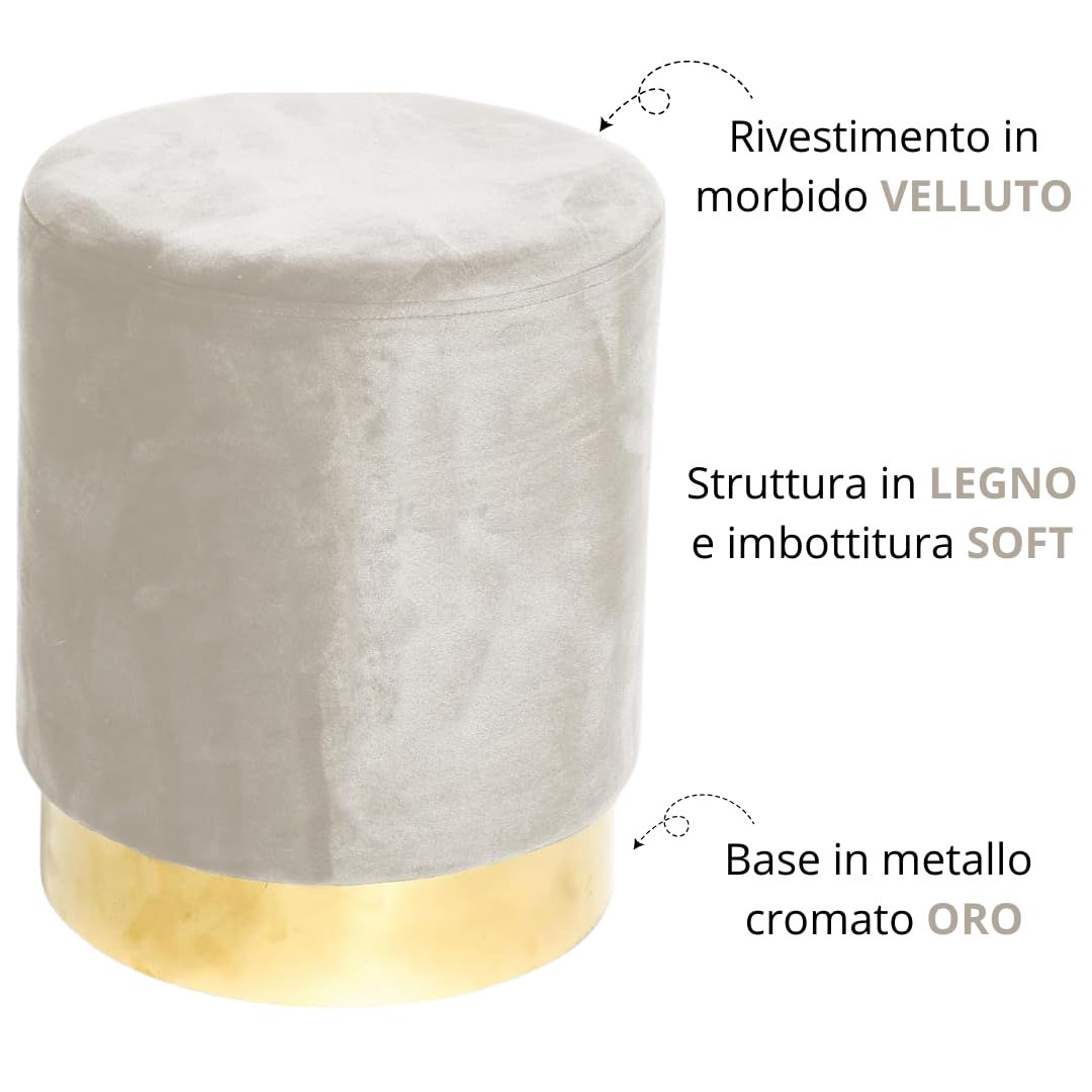 Tata Home Pouf Sgabello Cilindrico Velluto con Anello Dorato per Salotto o Camera Cameretta Pouff Poggiapiedi di Design Moderno (Beige)