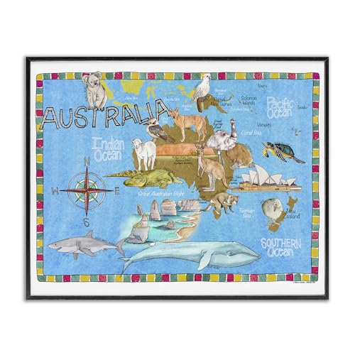 Australia Animal Map Educational, 11 x 14 Inch Framed Giclée Print