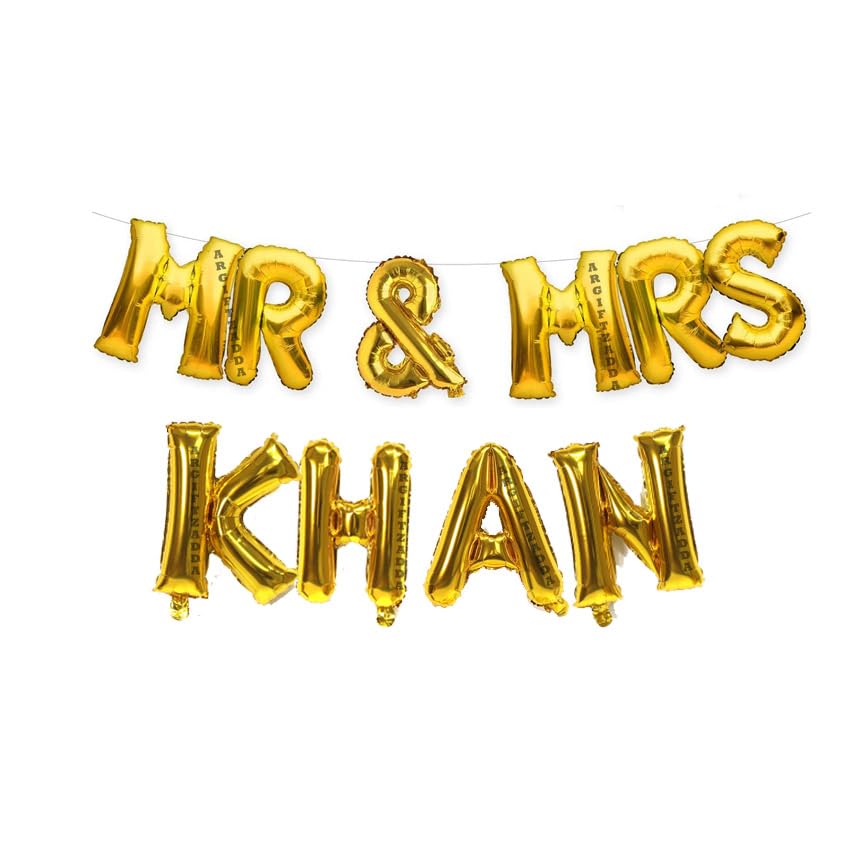 Image of AR GIFTZADDA inchMr and Mrs Khan inch Letter Alphabet Foil Balloon Golden Kit, Welcome Home Theme Party, Foil Balloons, 5th 10th 25th 50th Anniversary Balloons Decoartion (Mr & Mrs Khan)