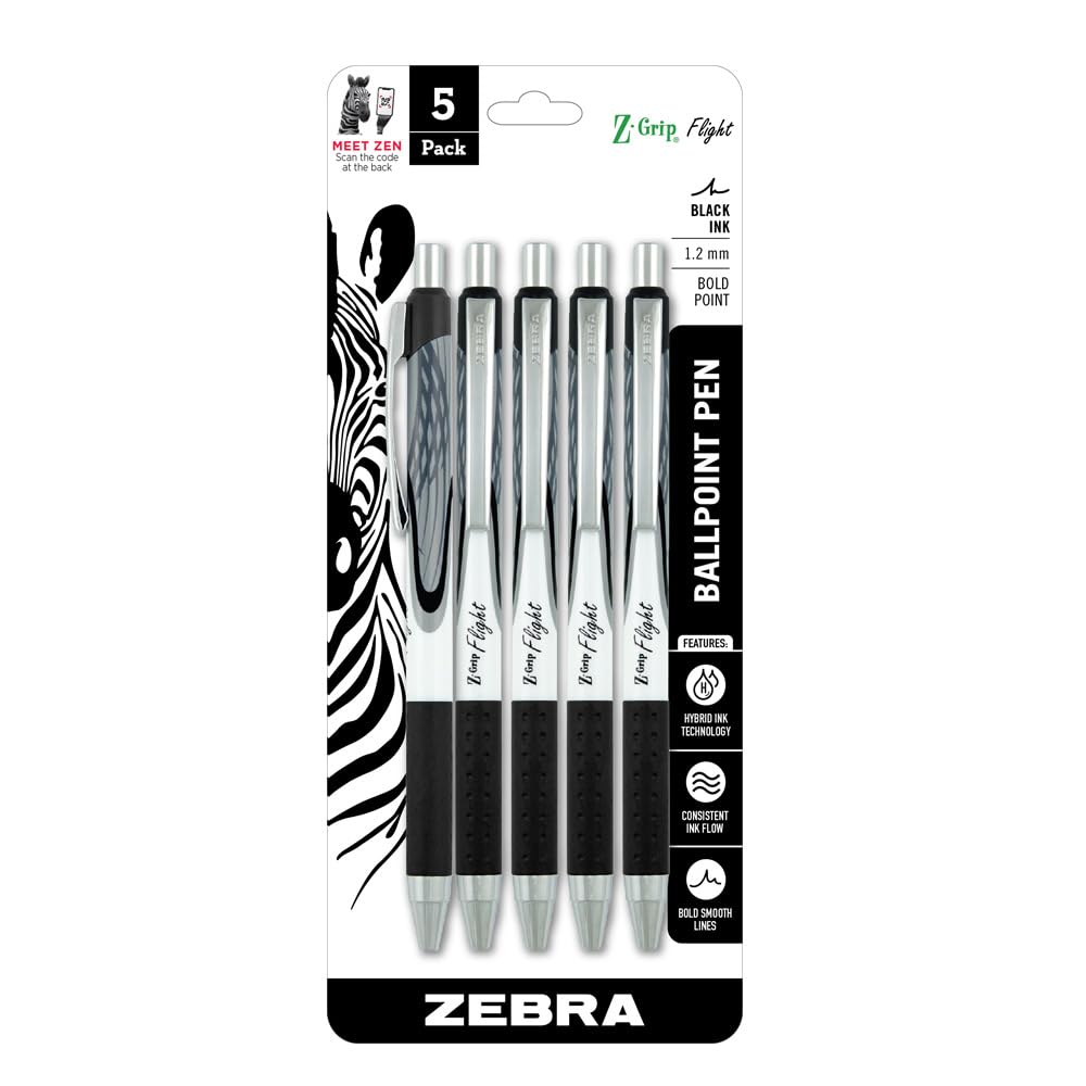 Z-Grip Flight Retractable Ballpoint Pen, Bold Point 1.2mm, Black Ink, School Supplies, Teacher Supplies, and Office Supplies, Smooth Writing, Quick-Drying, 5-Pack (21915)